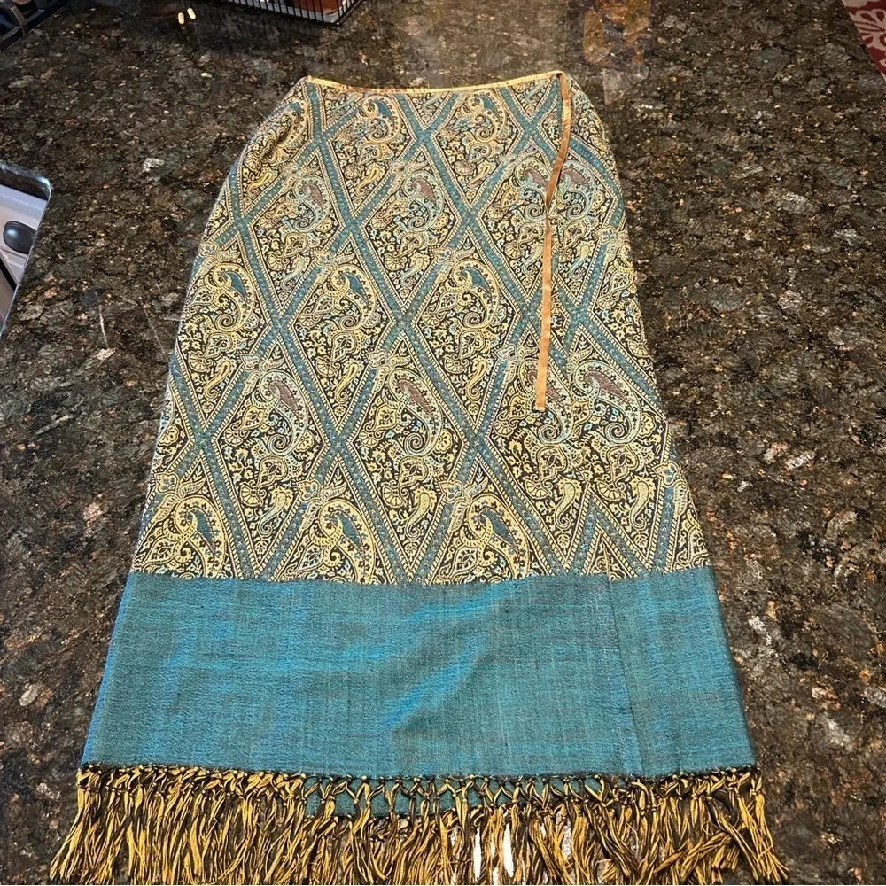 Vintage Karen Kane Wool A-Line Wrap Paisley Skirt with Fringe Size M/L